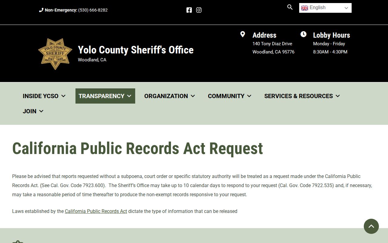 Yolo County booking record and mugshot request page