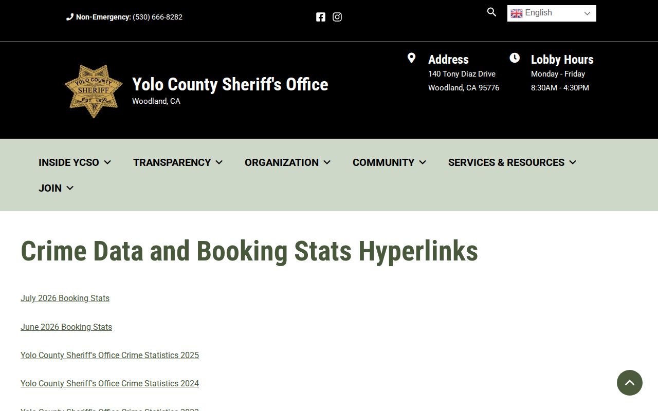 Yolo County monthly booking records and arrest feed links