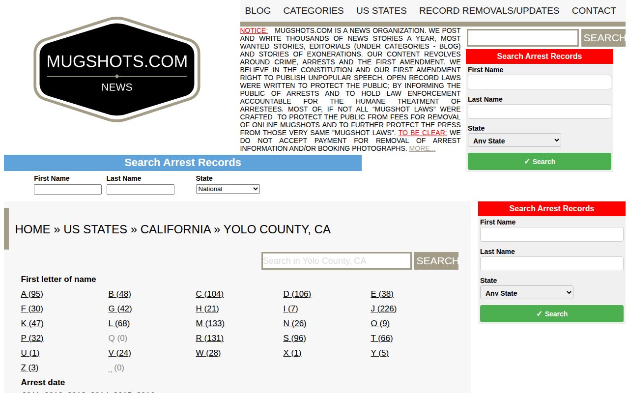 Unofficial Yolo County mugshot archive navigation requiring official record verification